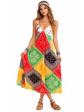 Blue Plate Women S Festival Boho Hippie Colorful Bandana Patchwork Halter Dress